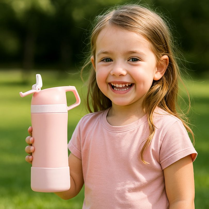 petite fille avec sa gourde enfant isotherme rose dans la main