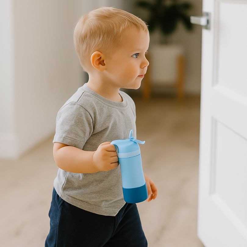 enfant blond avec sa gourde isotherme bleu dans la main