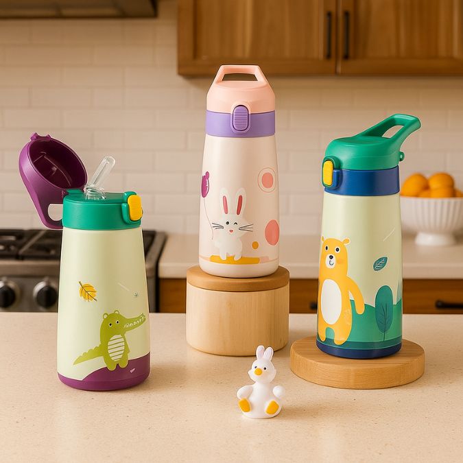 plusieurs gourde enfant isotherme sur comptoir de cuisine