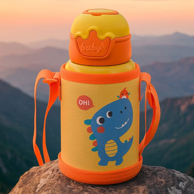 présentation d'une gourde enfant isotherme avec motifs dinosaure bleu