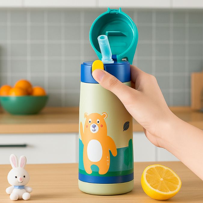 gourde enfant isotherme motif ours ouvert avec paille
