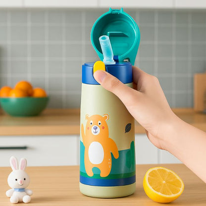 gourde enfant isotherme motif ours ouvert avec paille