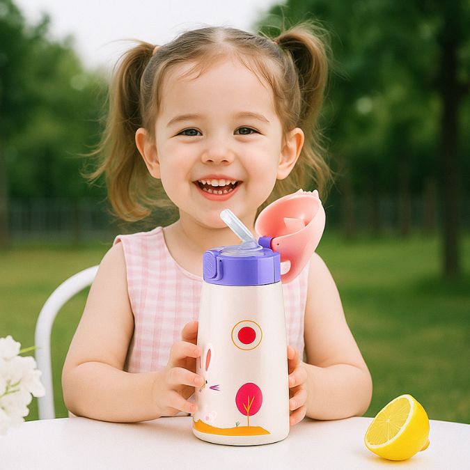 gourde enfant isotherme avec motif lapin et petite fille heureuse