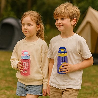 2 jeunes enfants marchant en camping avec leur gourde enfant paille