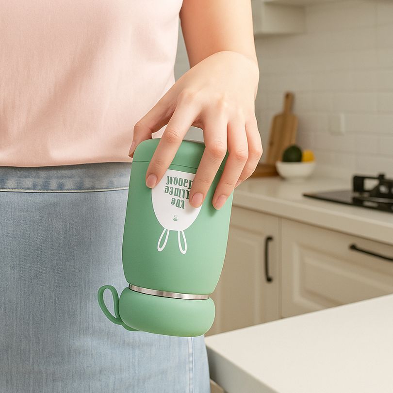 femme tenant une gourde inox enfant dans sa main à l'envers