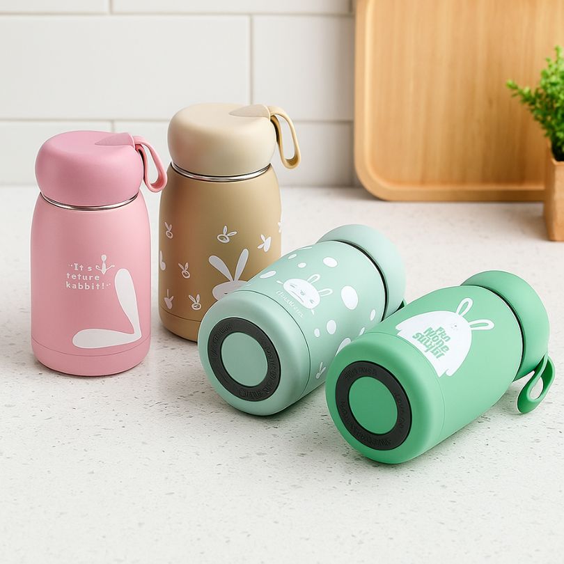 plusieurs gourdes inox enfant sur un comptoir de cuisine