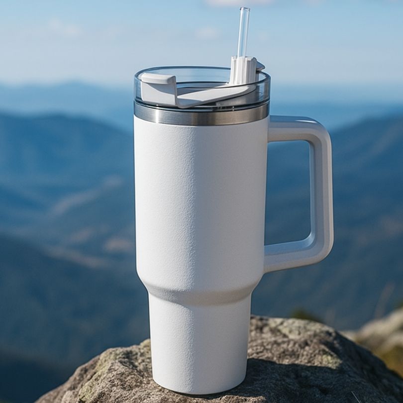 présentation d'une gourde isotherme 1200 ml blanche sur un rocher