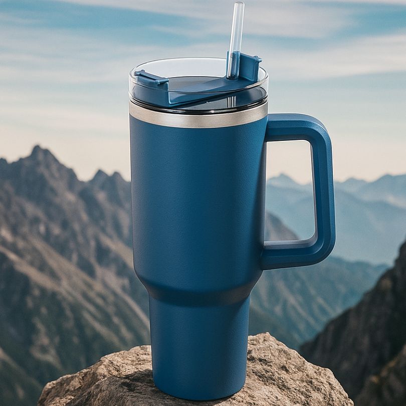 présentation d'une gourde isotherme 1200 ml bleu foncé en montagne