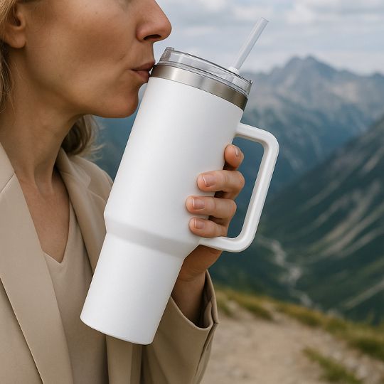 femme montrant sa gourde isotherme 1200 ml blanche en montagne