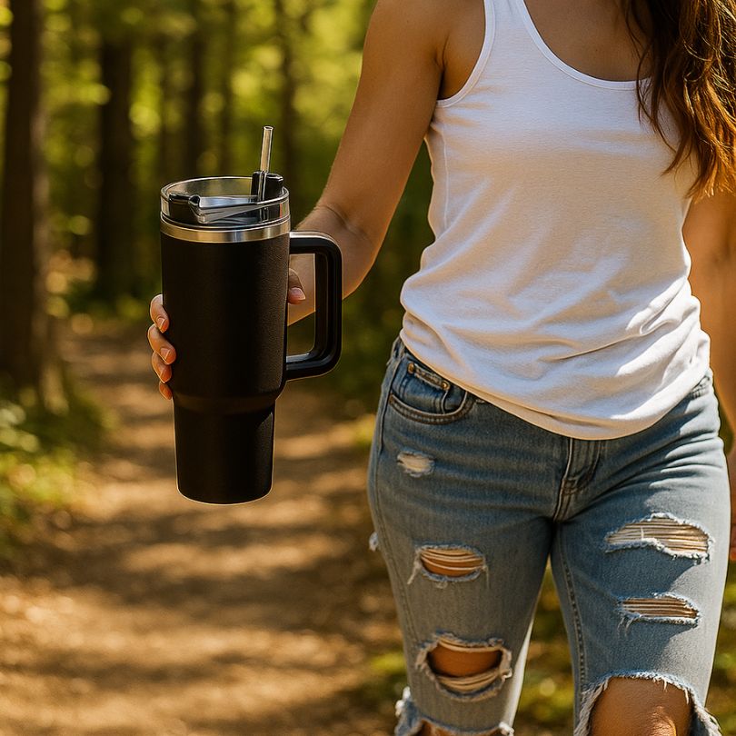 femme en hiking avec sa gourde isotherme 1200 ml noir