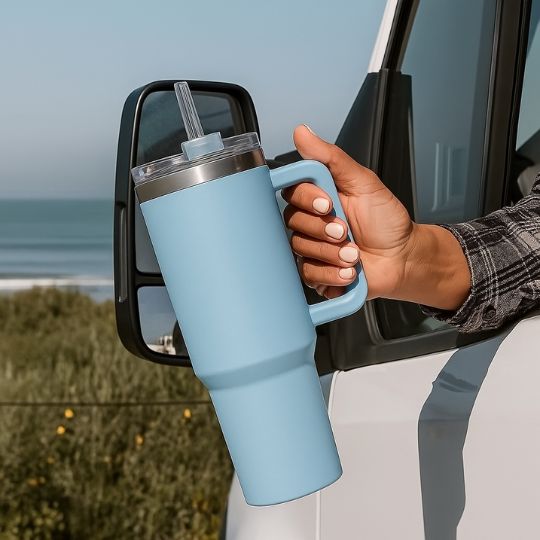 gourde isotherme 1200 ml bleu pâle tenu par la poignée