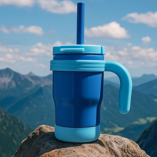 présentation d'une gourde isotherme enfant bleu au sommet d'une montagne au soleil