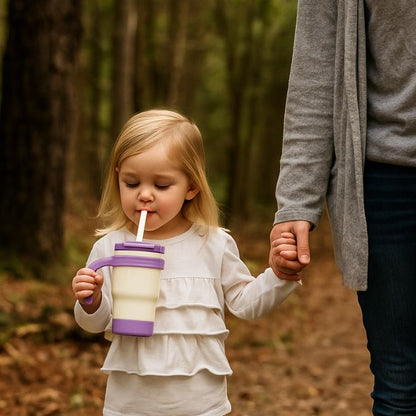 jeune fille blonde qui boit à la paille de sa gourde isotherme enfant violet en nature