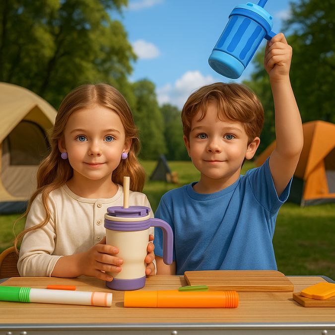 2 enfants à table en camping avec leur gourde isotherme enfant