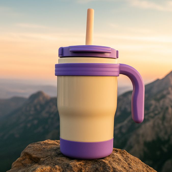 présentation d'une gourde isotherme enfant violet et blanc au soleil sur une montagne avec belle vue.