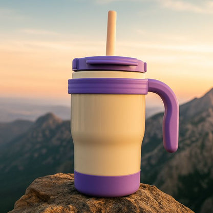 présentation d'une gourde isotherme enfant violet et blanc au soleil sur une montagne avec belle vue.