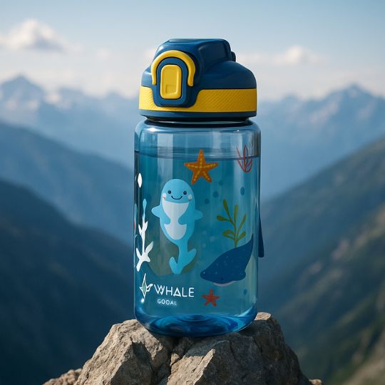 Présentation d'une gourde paille enfant bleu au sommet d'une montagne