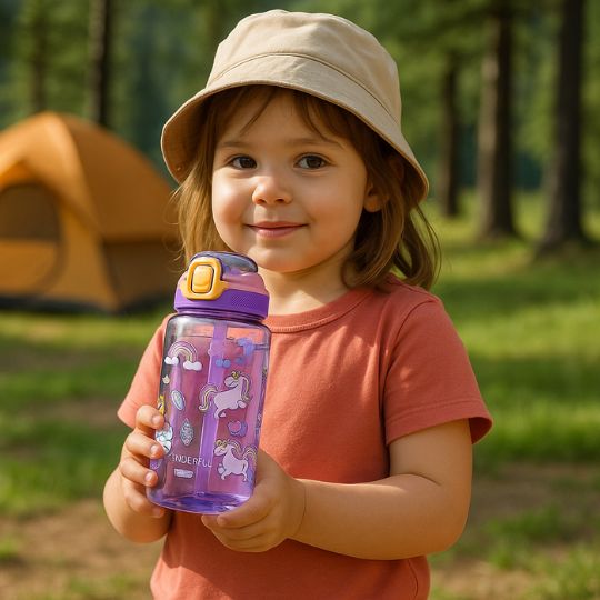 petite fille qui tient une gourde paille enfant violet en plein air