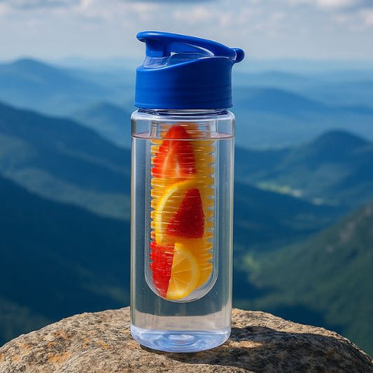 présentation d'une gourde plastique sur rocher en plein air au sommet d'une montagne