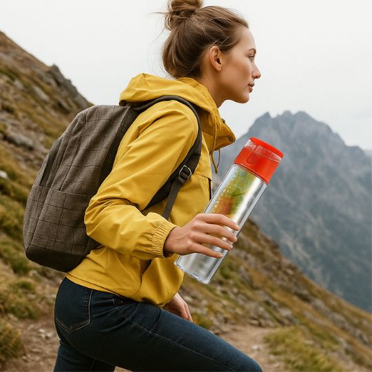 femme en hiking qui nous montre sa gourde plastique rouge