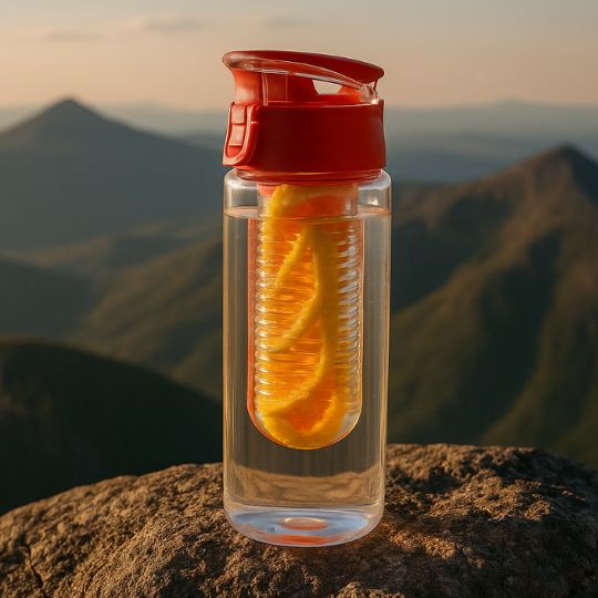 présentation d'une gourde plastique avec infuseur sur un rocher au sommet montagne