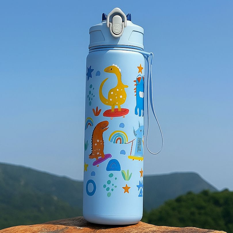 présentation d'une gourde bleu avec motifs dinosaures