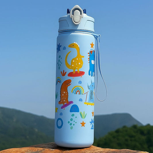 présentation d'une gourde bleu avec motifs dinosaures