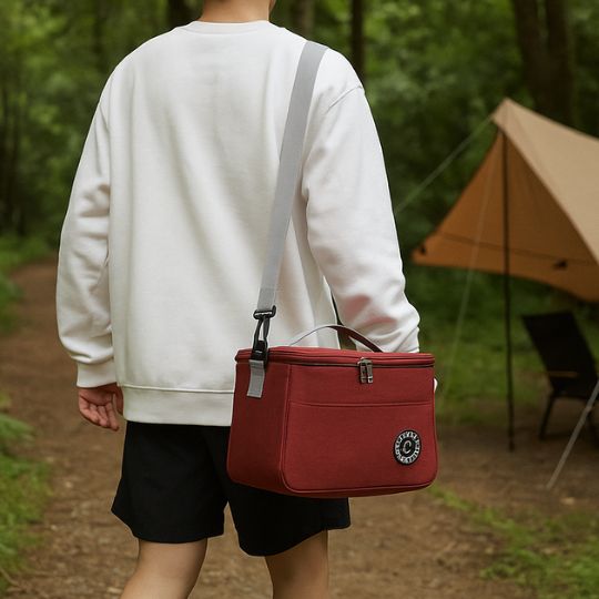 petite glaciere repas rouge en bandouillère avec homme en camping