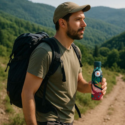 homme en plein hiking tenant dans sa main une bouteille isotherme