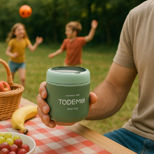 homme qui tient une lunch box isotherme dans sa main assis a une table de camping