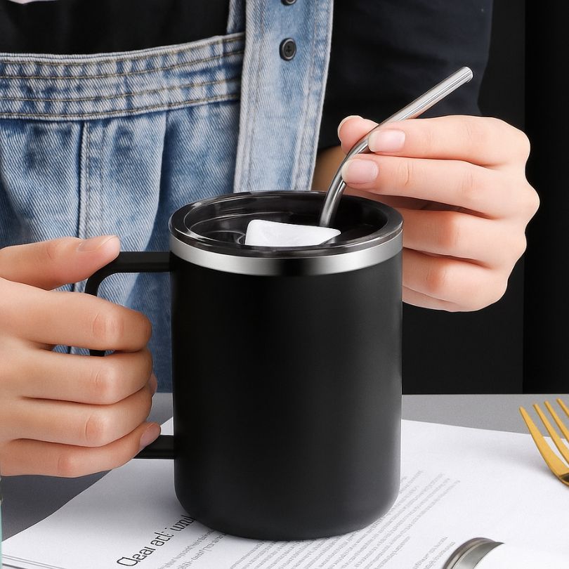 personne utilisant une isotherme tasse avec paille