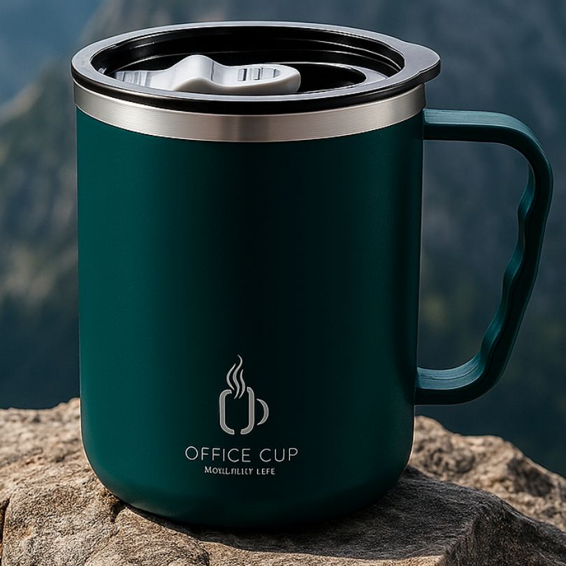isotherme tasse verte présentée à la caméra