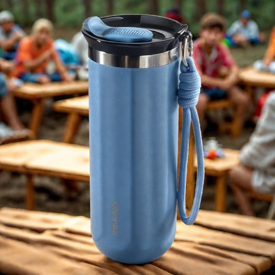 isotherme-tasse-bleu-sur-table-de-pique-nique