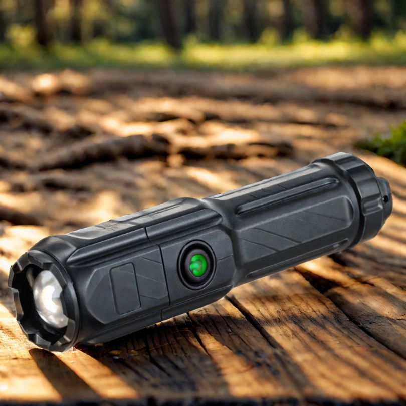 lampe-de-poche-deposee-sur-une-table-en-camping