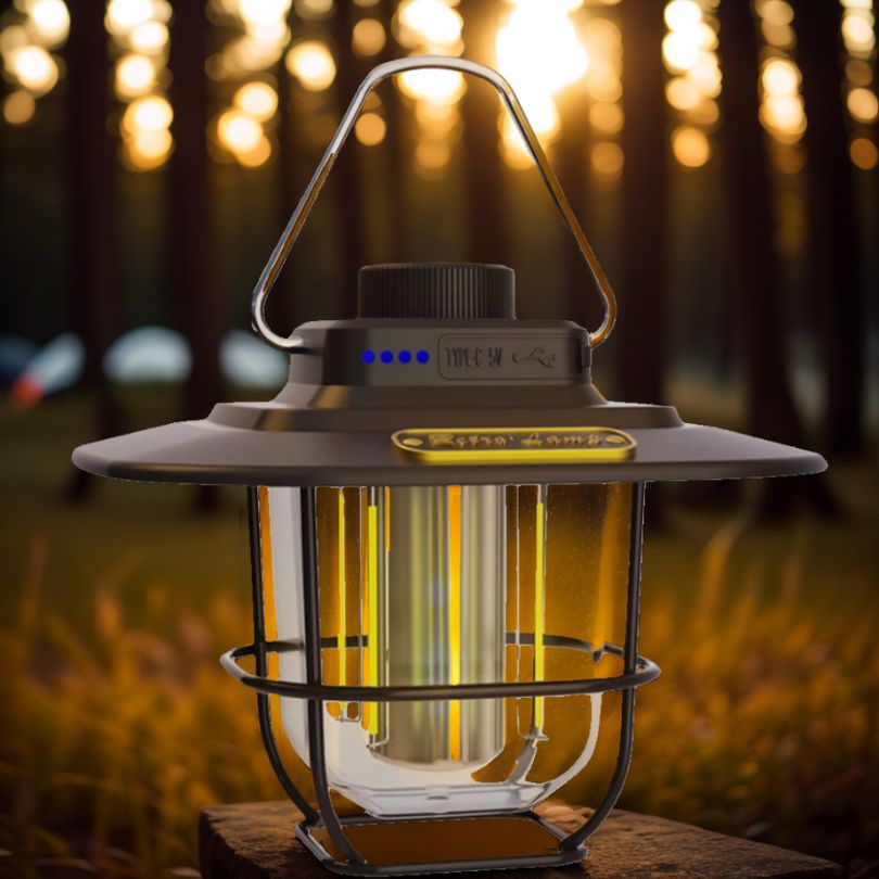 lampe-pour-camping-brune-sur-table-exterieur