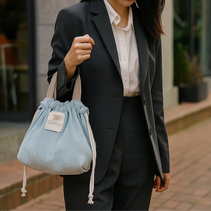 femme se rendant au travail en tenant son lunch bag en velours côtelé sur le bras