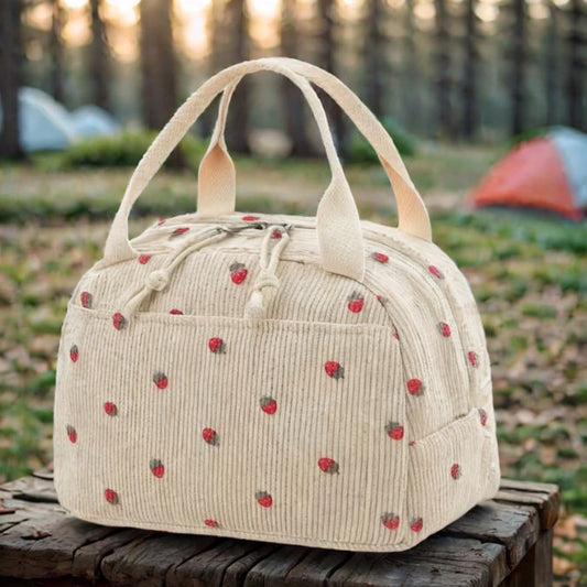 lunch-bag-isotherme-fraise-avec-velours-blanc-sur-table-de-camping