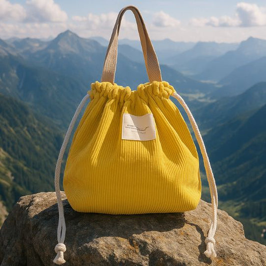 un lunch bag jaune sur une rocher en haut d'une montagne