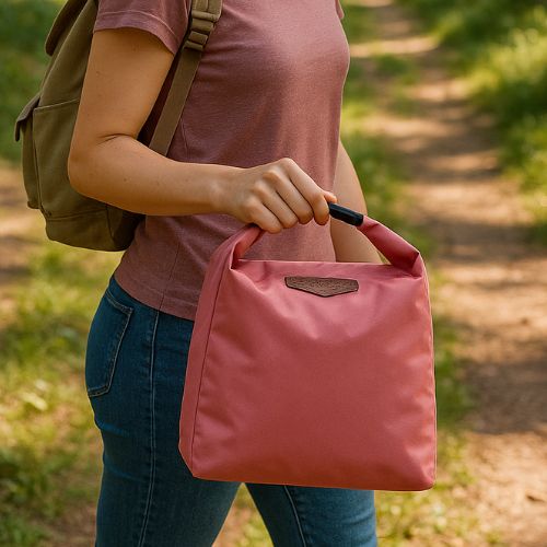 femme transportant par a anse un lunch bag rouge pliable en randonnée