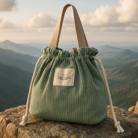 lunch bag en velours vert sur un rocher au sommet d'une montagne