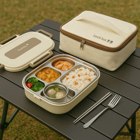 lunch box isotherme sur une table de camping avec sac et ustensiles