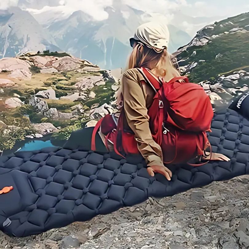 femme-qui-regarde-paysage-sur-son-matelas-camping-bleu