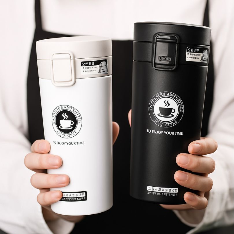 un homme tient 2 mug café, un noir un blanc