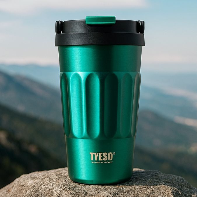 présentation d'un mug café isotherme vert sur rocher en montagne