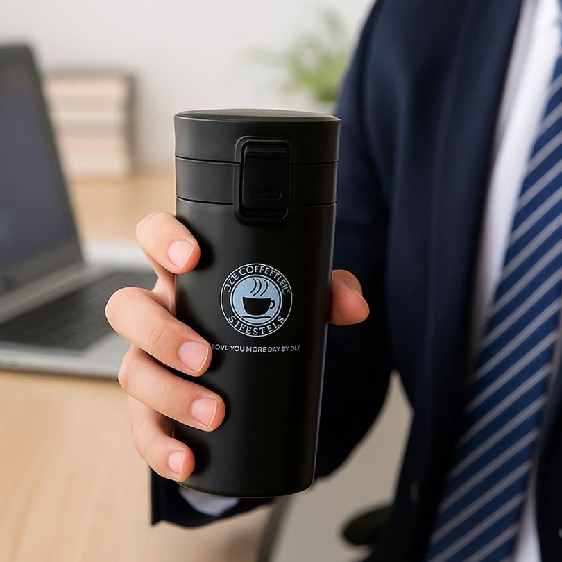 homme tenant un mug café au travail