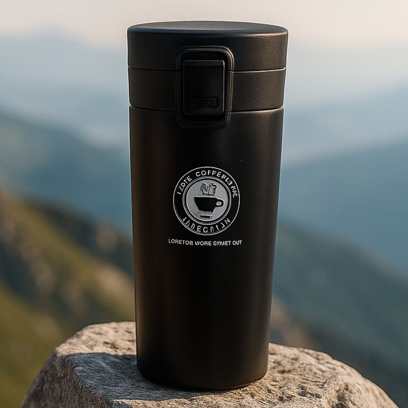 présentation d'un mug café noir avec couvercle verrouillable