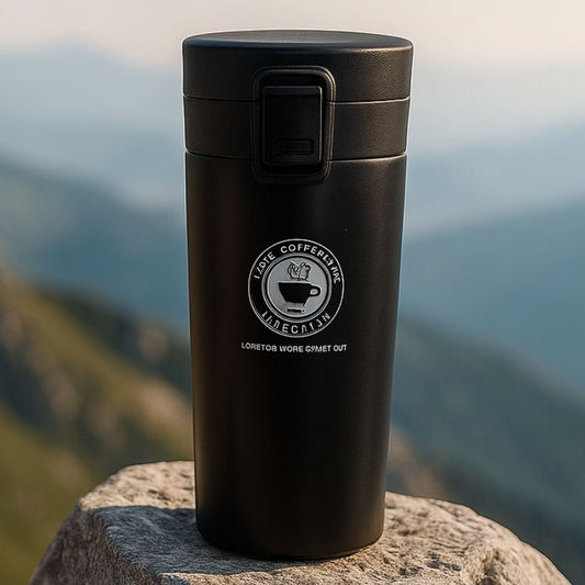 présentation d'un mug café noir avec couvercle verrouillable