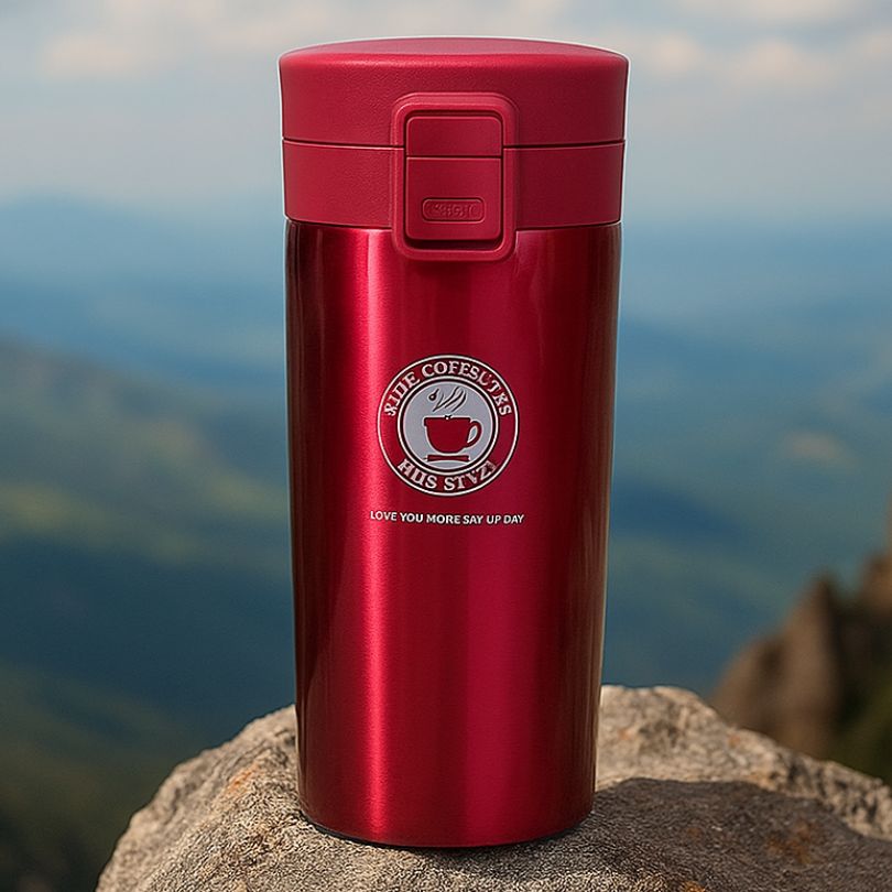 présentation d'un mug café rouge sur un rocher en plein air