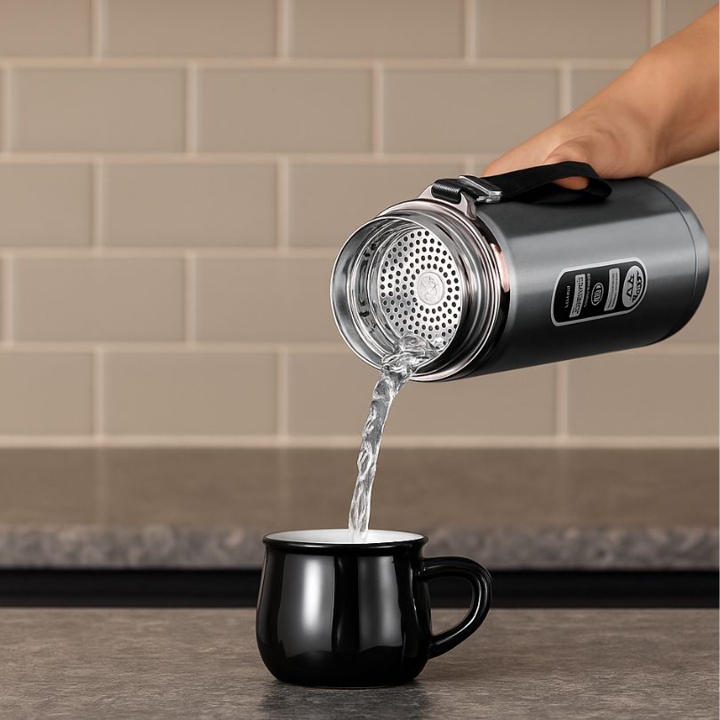 homme qui verse de l'eau fraiche de son mug de voyage