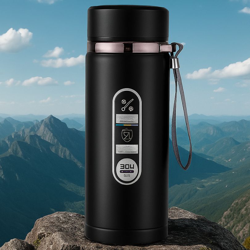présentation d'un mug de voyage noir en nature